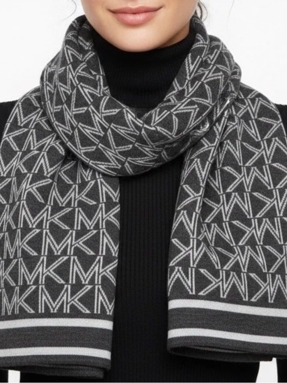 Michael Kors Black and Light Gray MK Logo Scarf